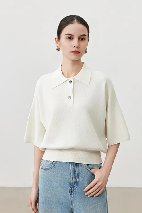 Silk Blend Drop Shoulder Short Sleeve Knit Polo - MIAOOOO