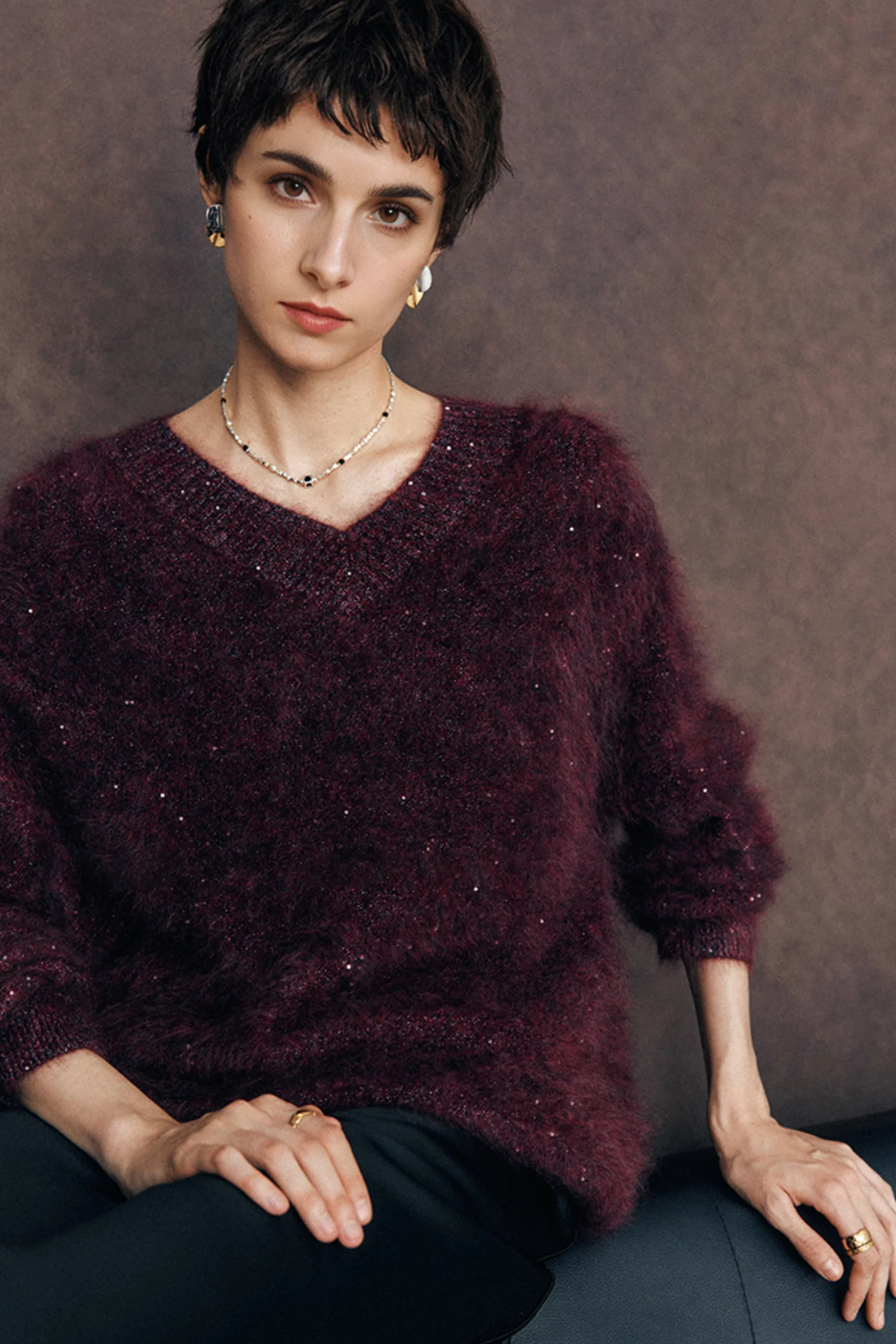 Brushed Cashmere Sequin V-Neck Sweater in Top-Tier Italian Yarn - MIAOOOO