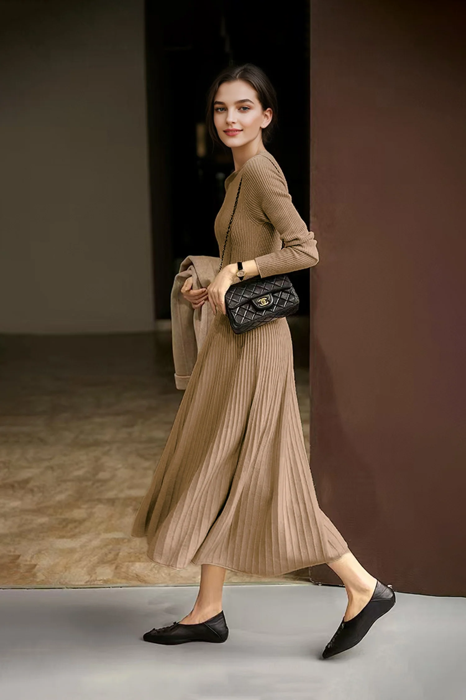 100% Wool Long Sleeve Crewneck Midi Sweater Dress - MIAOOOO