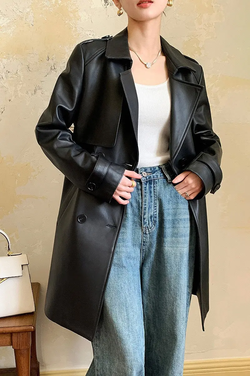 Real Leatrher Mid-Length Double Breasted Trench Coat with Belt - MIAOOOO