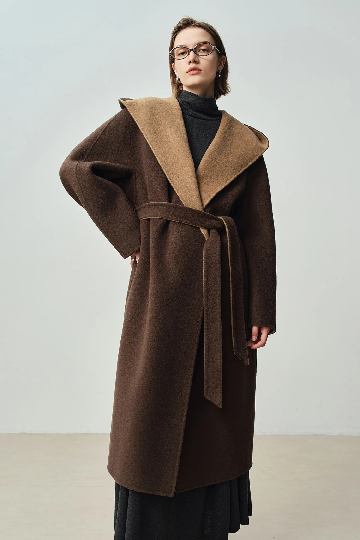 Two-Tone Hooded Wool-Cashmere Long Wrap Coat - MIAOOOO