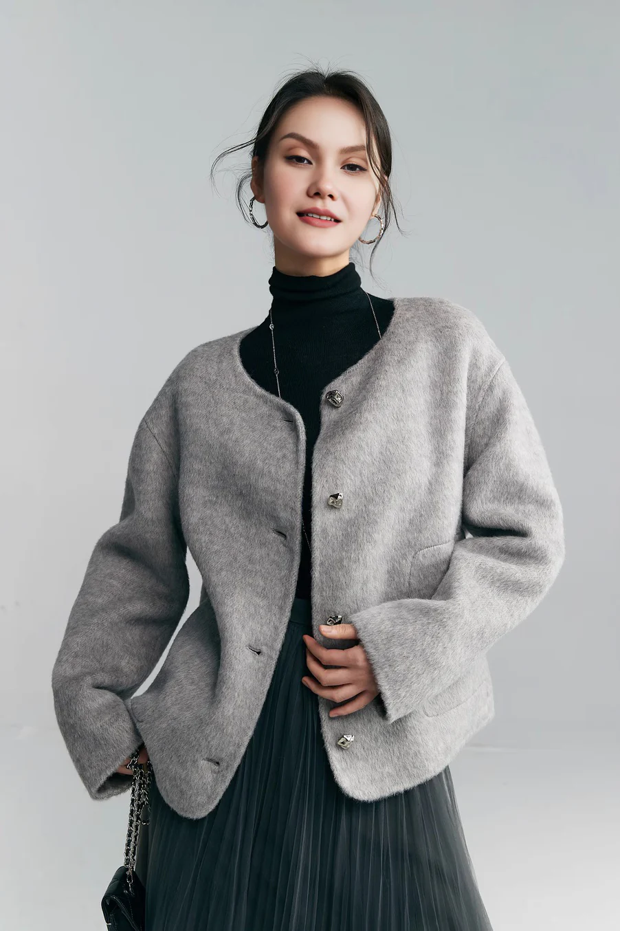 Silk Wool Blend Crewneck Cropped Jacket - MIAOOOO