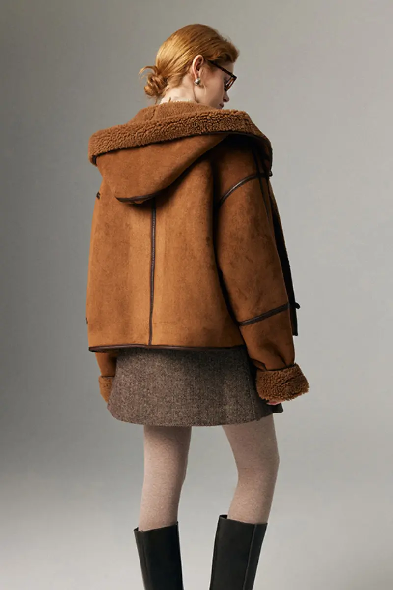 Black Suede Shearling Coat with Hood - MIAOOOO