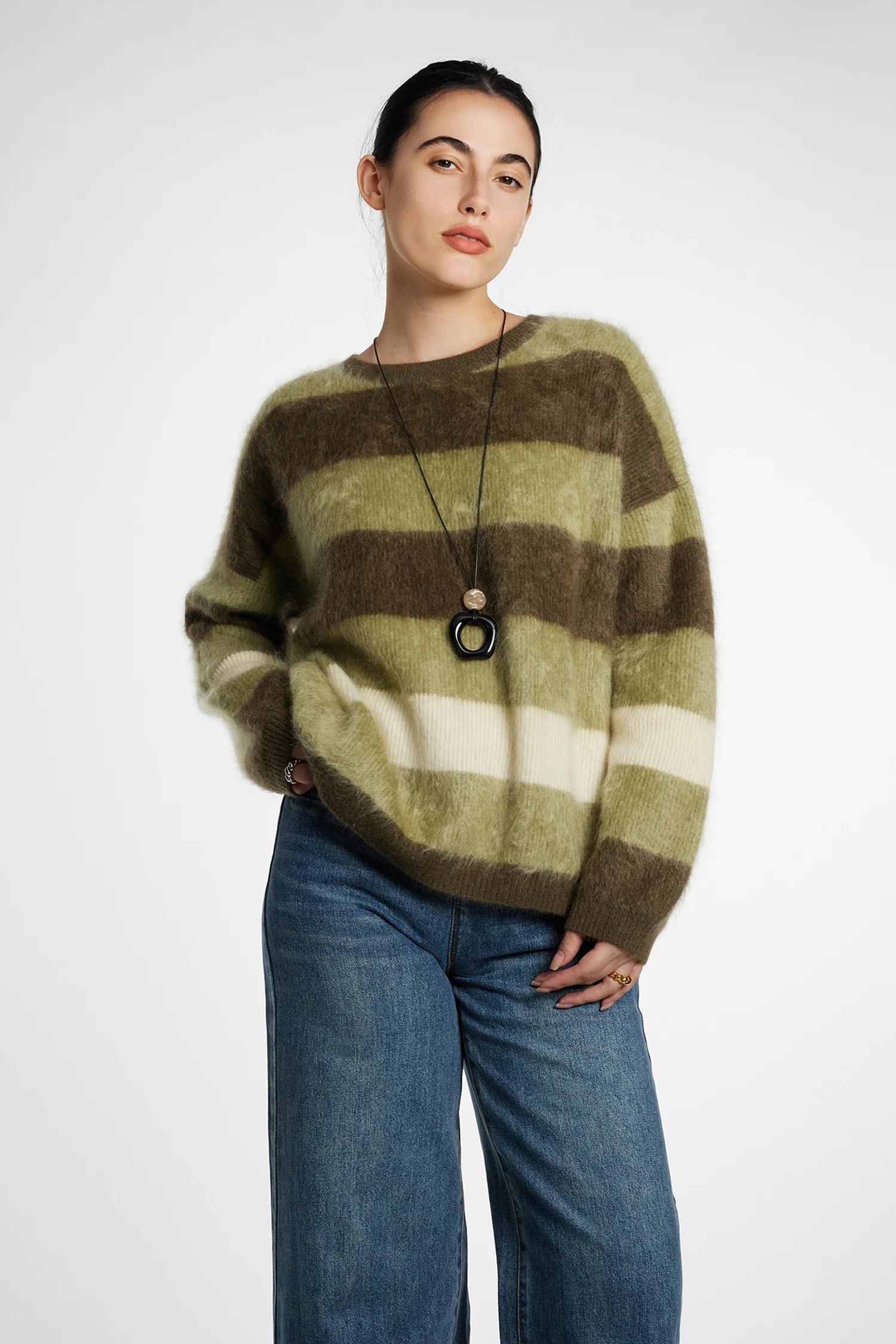 Fuzzy Brushed Cashmere Striped Pullover Sweater - MIAOOOO