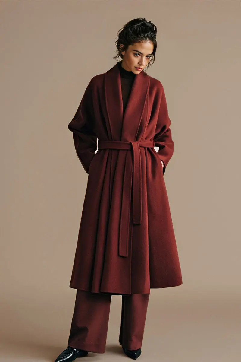 Long Australian Wool Belted Double Faced Wrap Coat with Shawl Collar - MIAOOOO