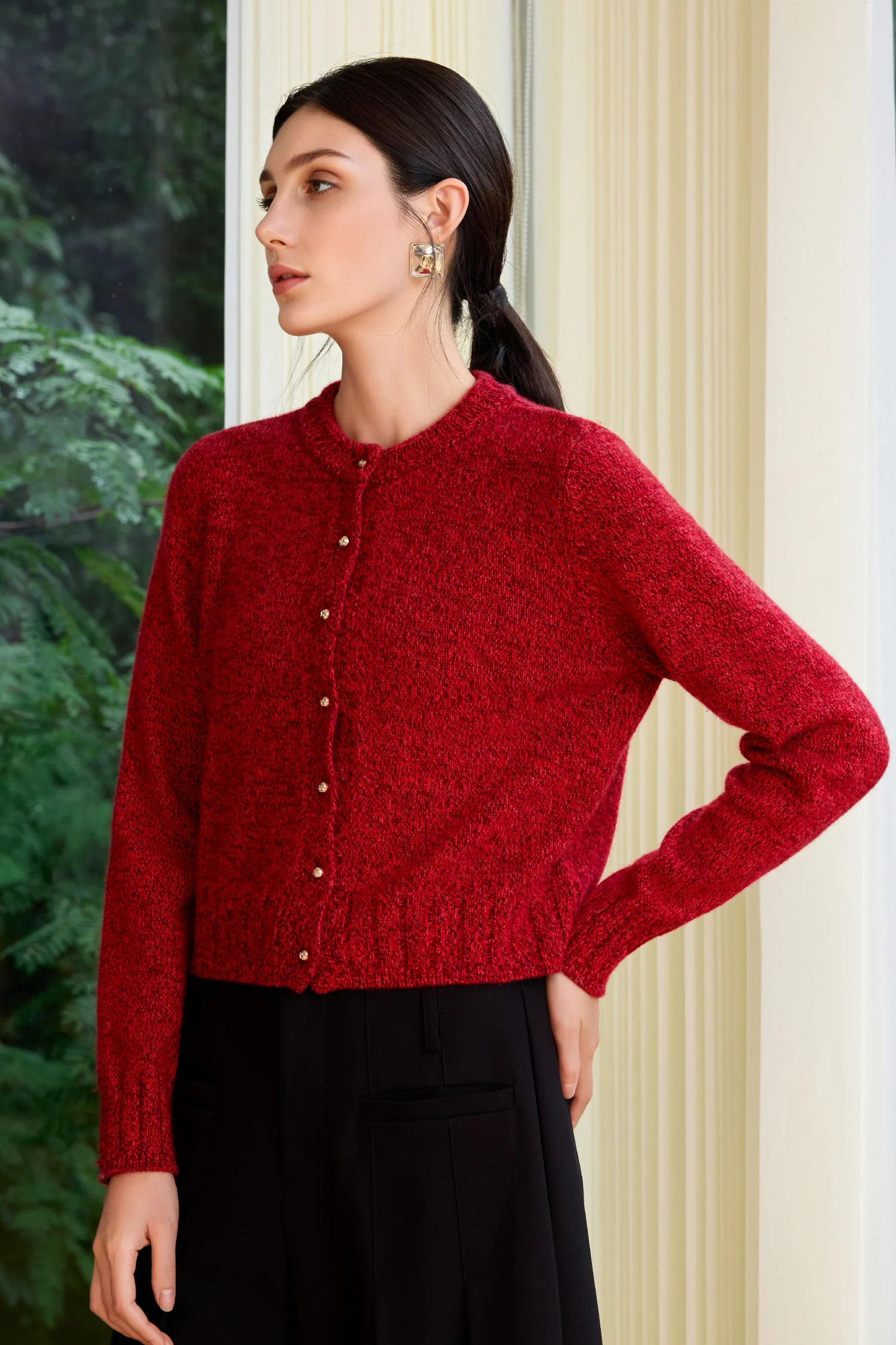 100% Cashmere Marled Button-Up Crewneck Cardigan - MIAOOOO