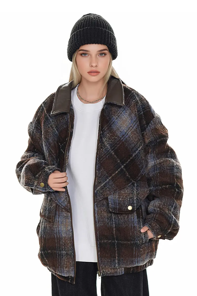 Oversized Faux Wool Plaid Bomber Shacket with Leather Collar - MIAOOOO