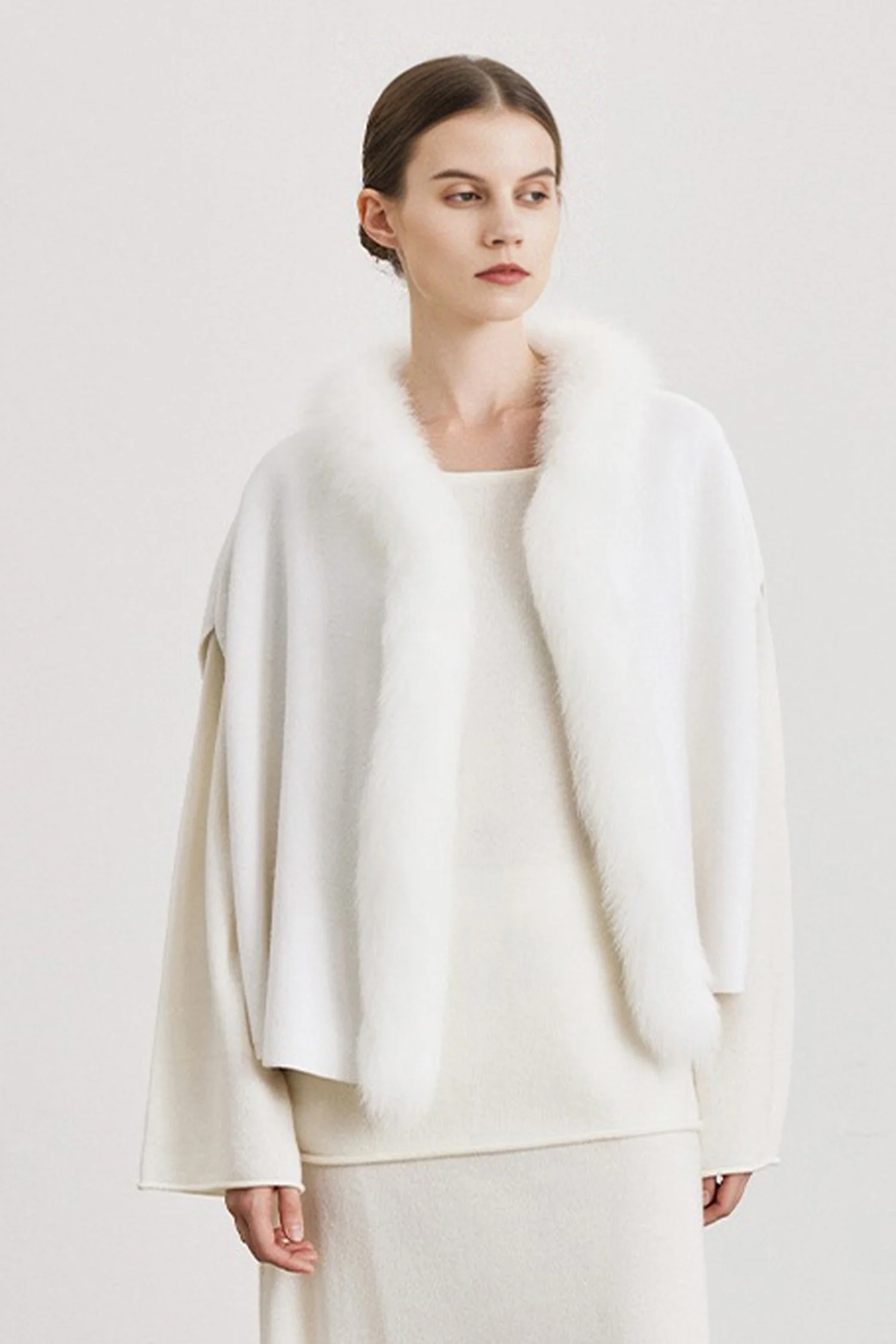 Genuine Fox Fur Trim Wool Cape - MIAOOOO