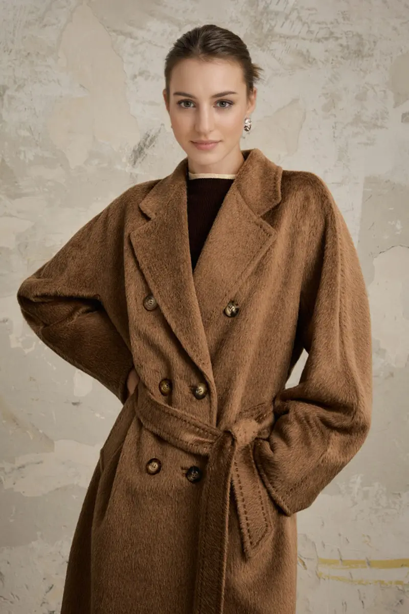 100 Peru Suri Alpaca Wool Double-Breasted Long Coat with Belt - MIAOOOO