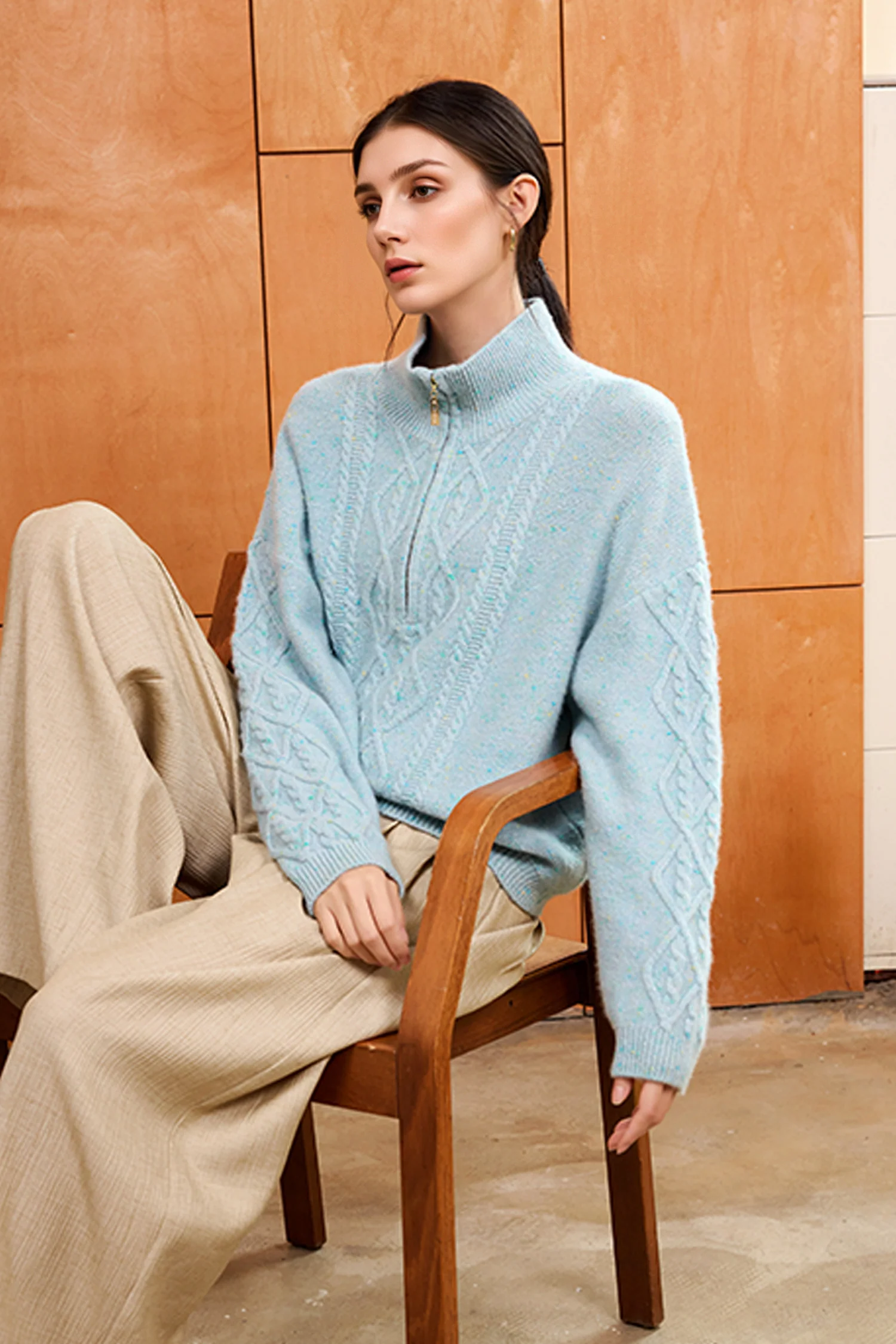 100% Cashmere Half-Zip Cable Knit Marled Sweater - MIAOOOO