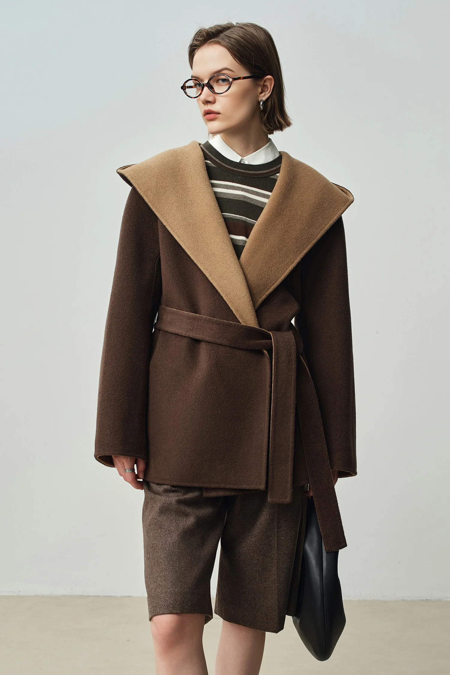 Two-Tone Hooded Wool-Cashmere Short Wrap Coat - MIAOOOO