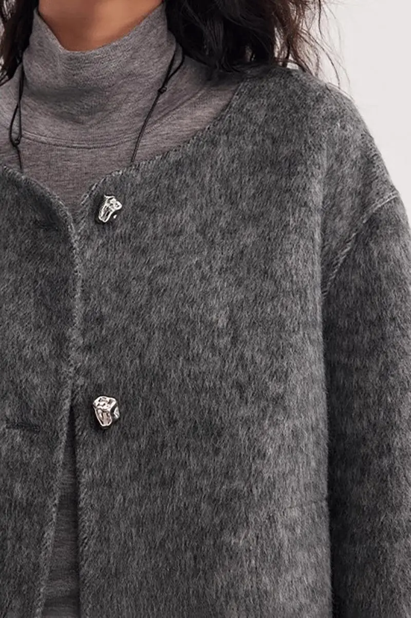 Silk Wool Blend Crewneck Cropped Jacket - MIAOOOO