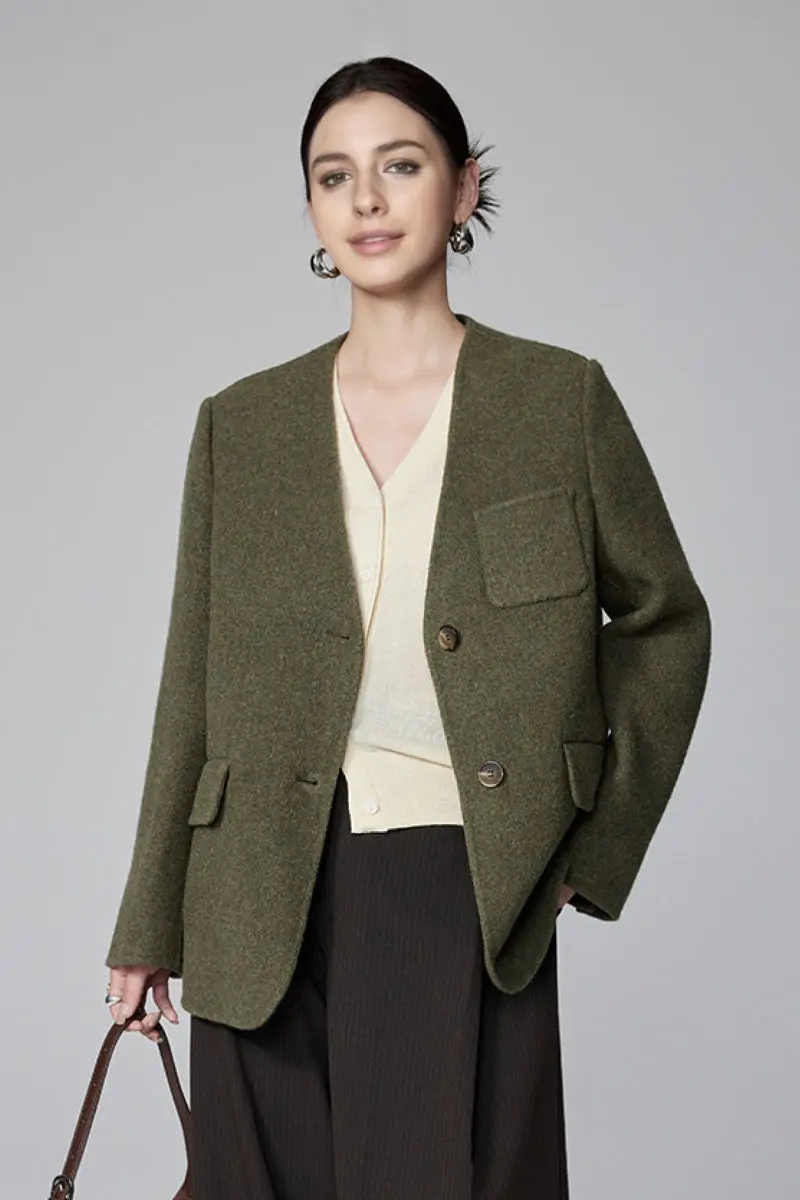 Double-Faced Silk-Camel Hair-Wool Blend V-Neck Collarless Blazer - MIAOOOO