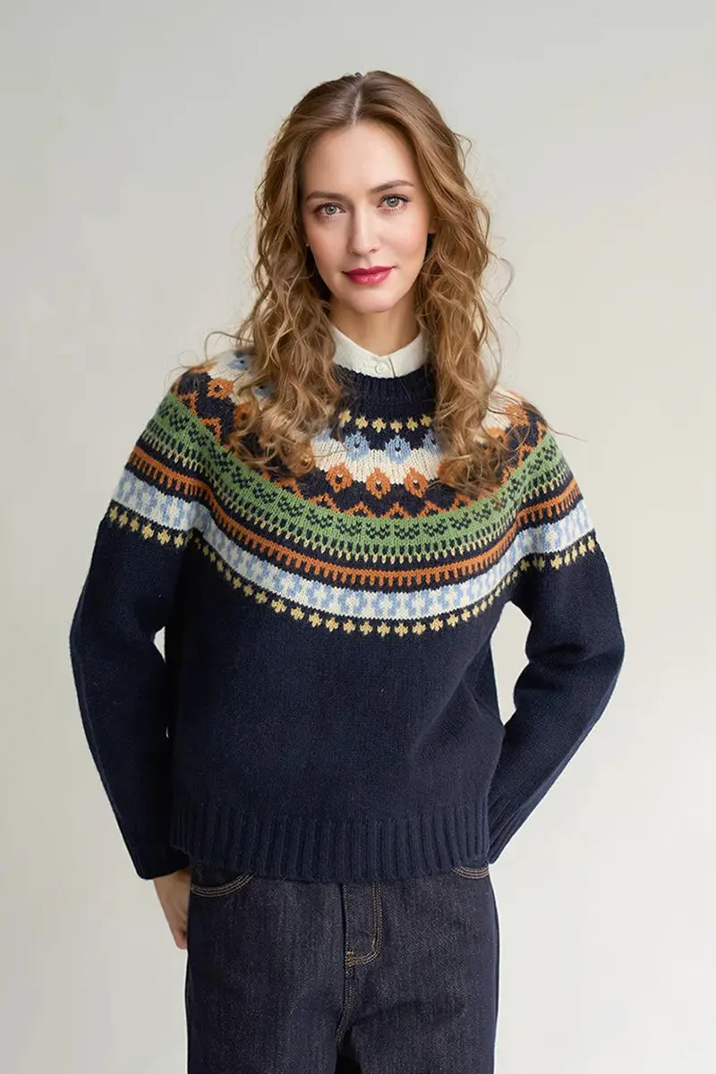 100 Wool Fair Isle Crewneck Sweater in Navy Blue - MIAOOOO