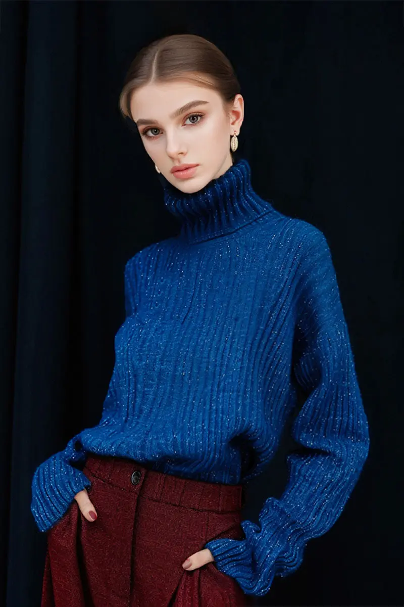 Wool Ribbed Turtleneck Shimmer Sweater in Royal Blue - MIAOOOO