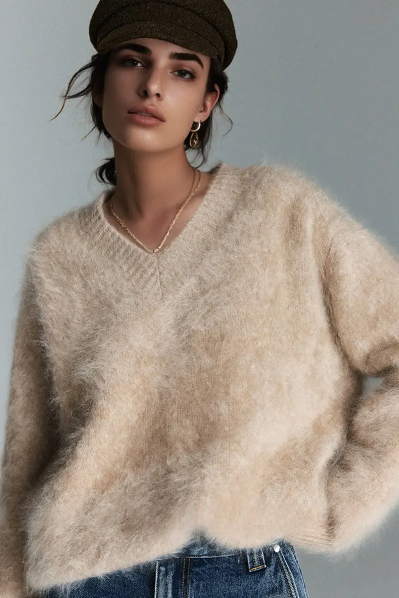 Chunky Brushed Cashmere V-Neck Pullover Sweater - MIAOOOO