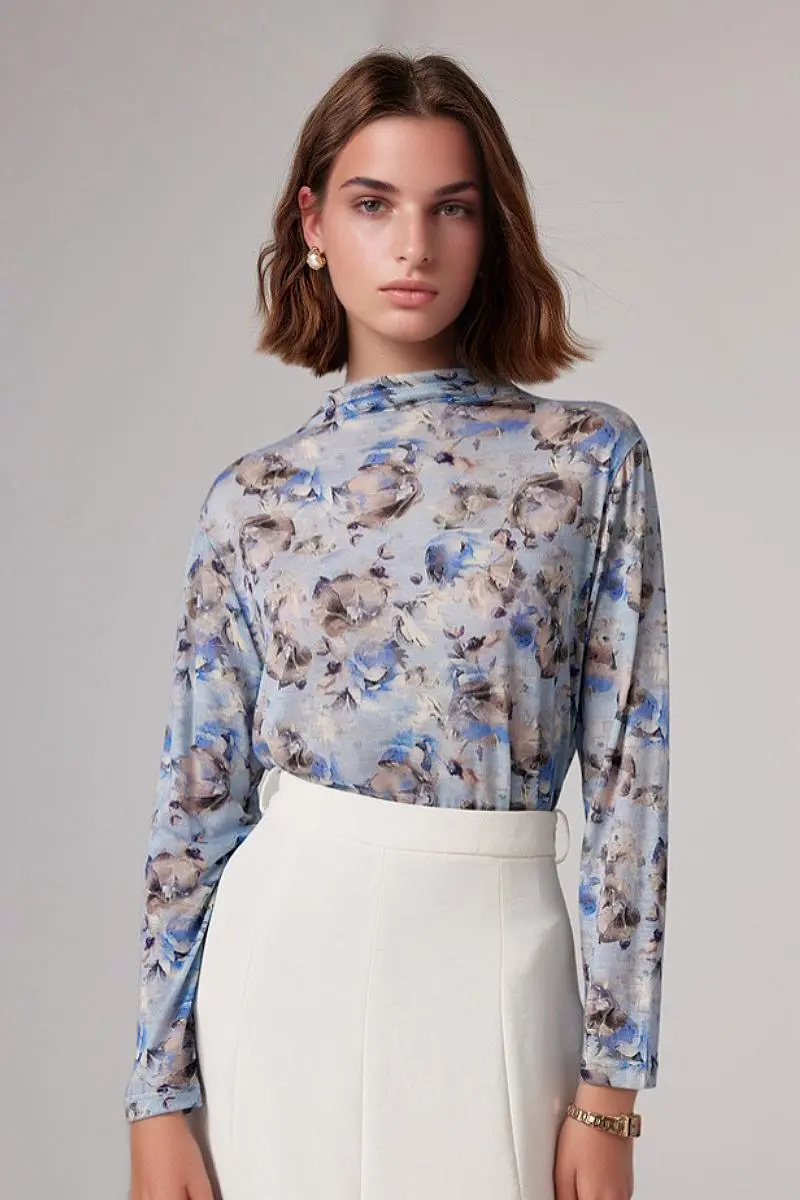 100 Merino Wool Flower Printed Mock Neck Base Layer - MIAOOOO