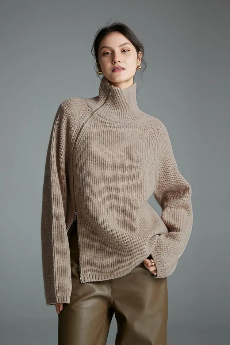100 Wool Chunky Asymmetric Zip Turtleneck Knit Sweater - MIAOOOO