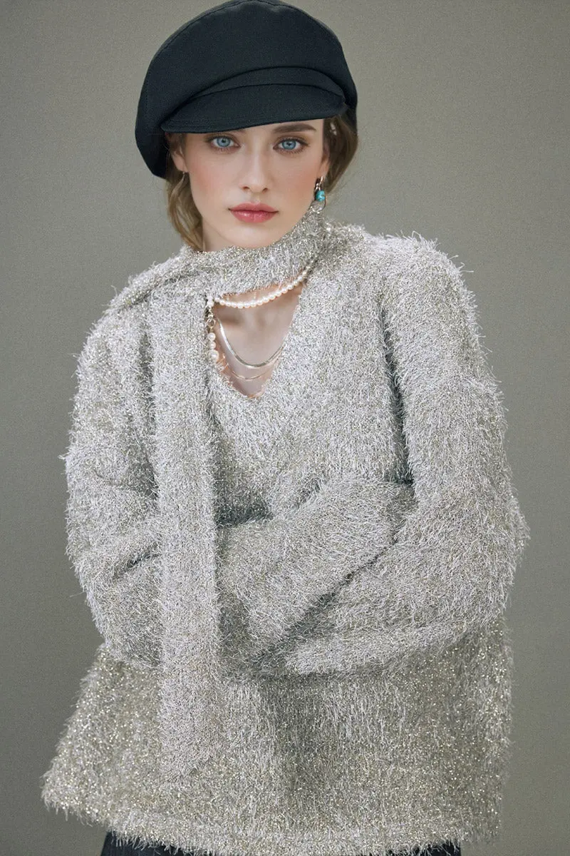 Oversized Silver Sparkle Tinsel Knitted Sweater V-Neck Sweater with Scarf - MIAOOOO