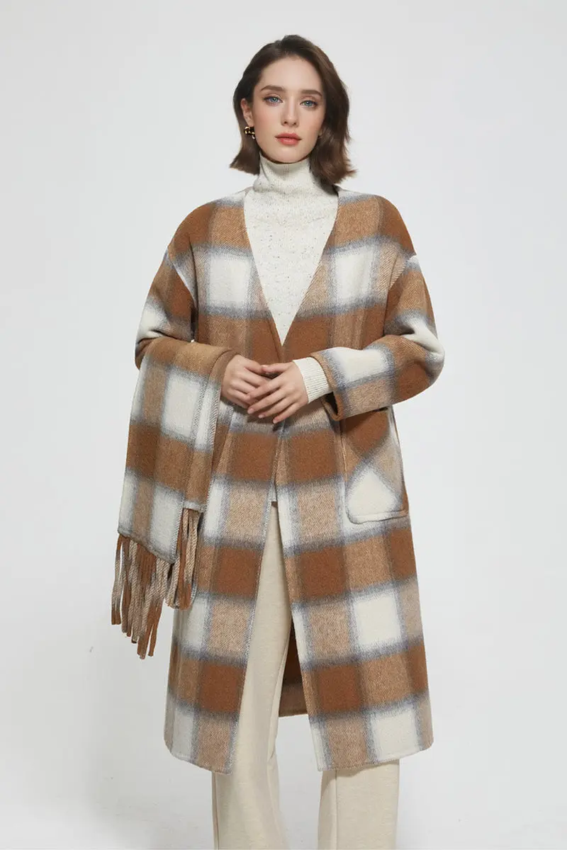 Collarless Double Faced Plaid Wool Coat - MIAOOOO