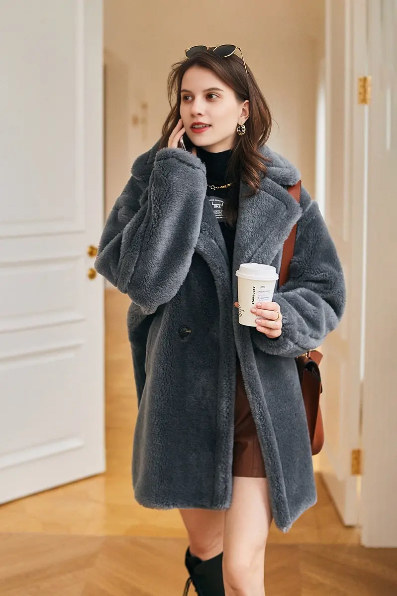 Mid-length Teddy-style Shearling Coat With Lapel Collar - MIAOOOO