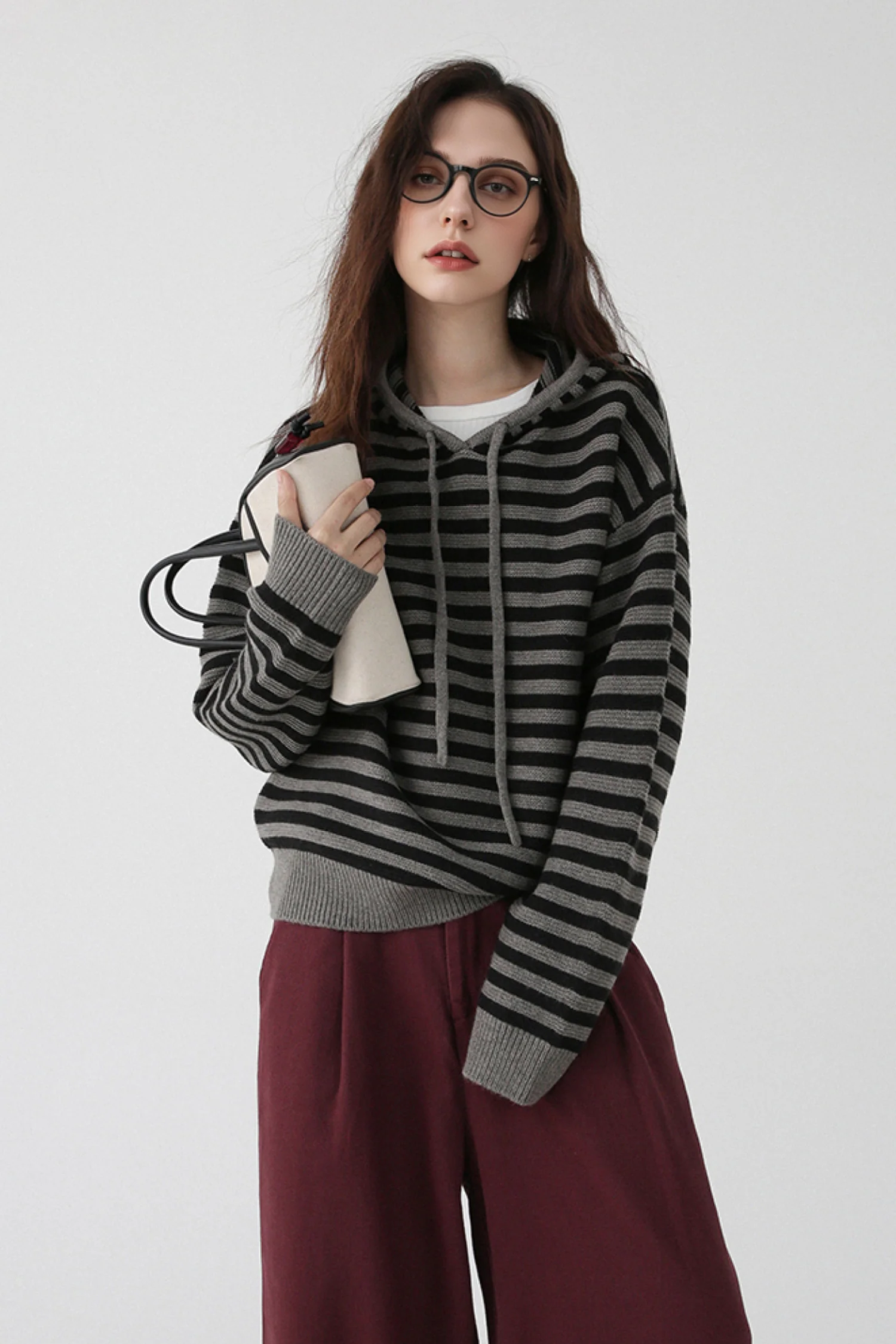 Chunky Striped Wool Sweater Hoodie - MIAOOOO