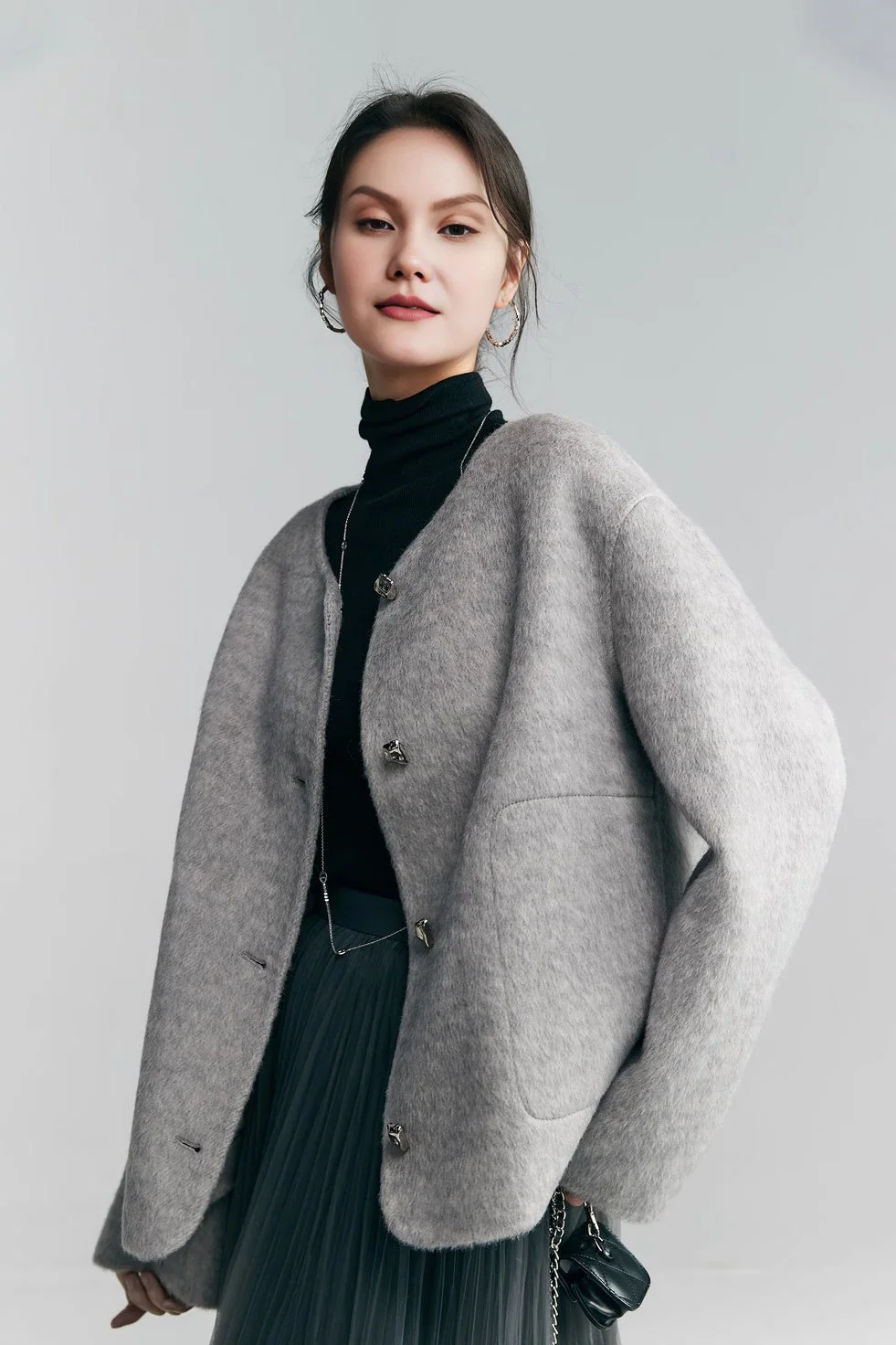 Silk Wool Blend Crewneck Cropped Jacket - MIAOOOO