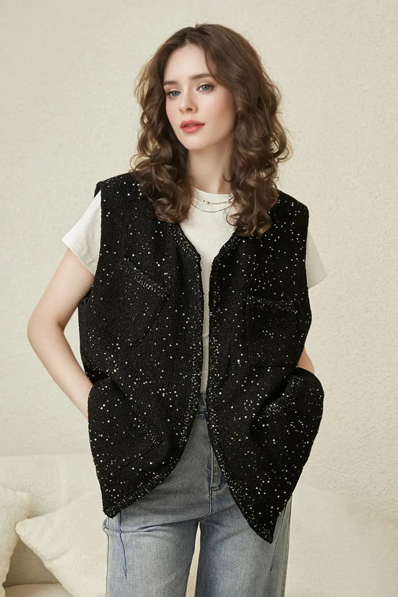 Wool Blend Sequin-Embellished Tweed Vest in Black - MIAOOOO