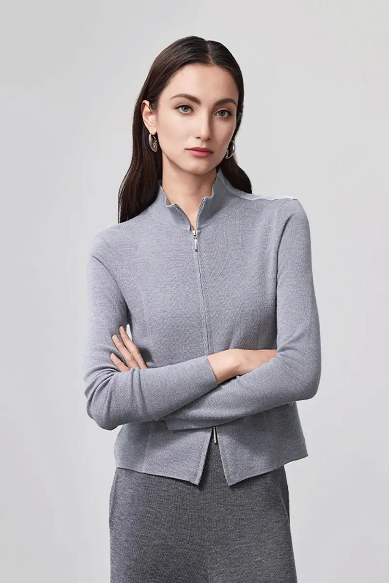 100 Merino Wool Double Zipper Stand Collar Cardigan - MIAOOOO
