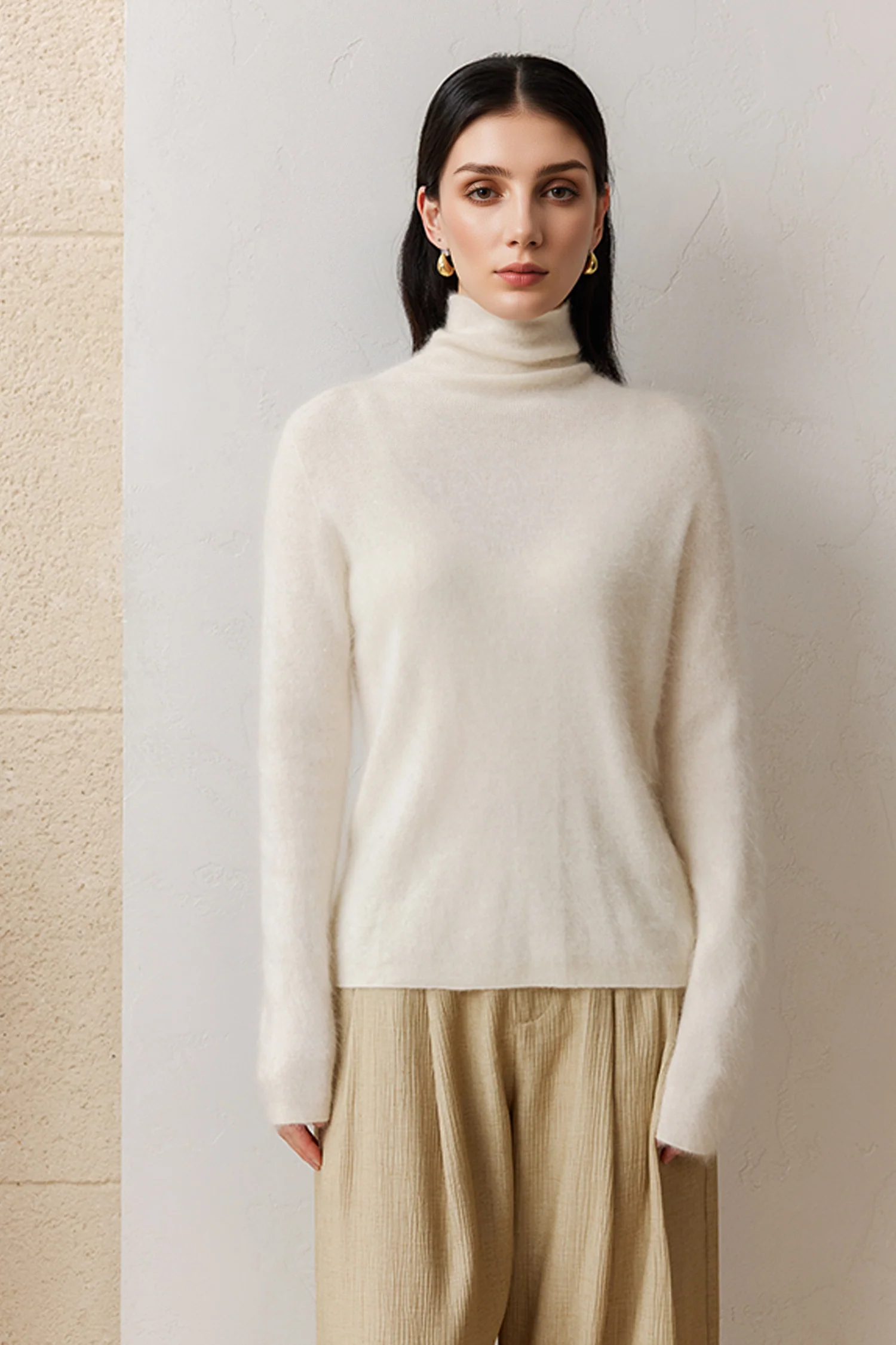 Featherlight Cashmere-Silk Turtleneck Sweater in White - MIAOOOO