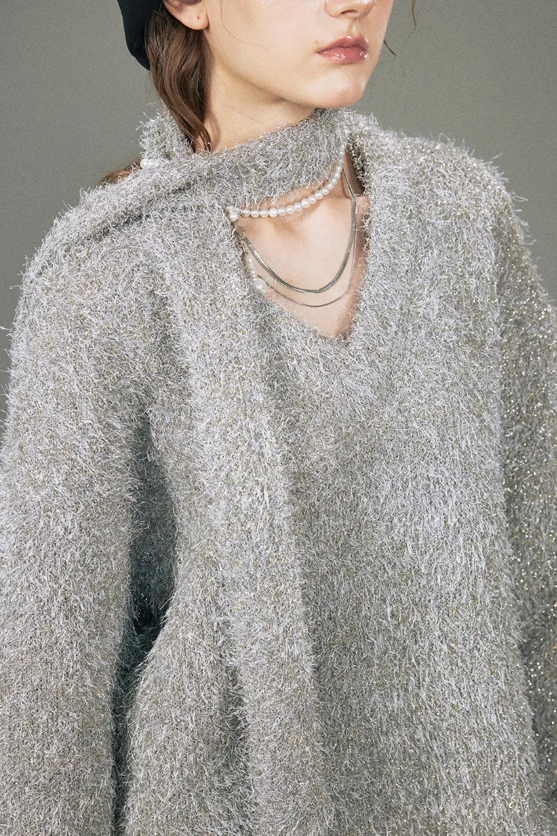 Oversized Silver Sparkle Tinsel Knitted Sweater V-Neck Sweater with Scarf - MIAOOOO