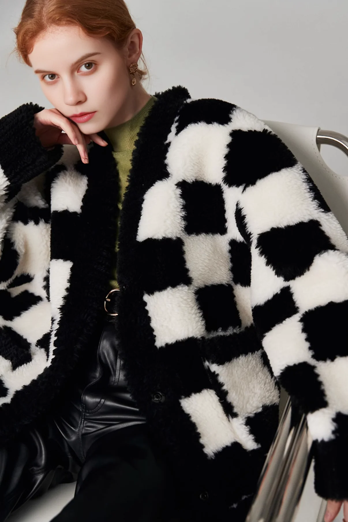 Women's Black and White Checkered Mid-length Shearling Coat - MIAOOOO