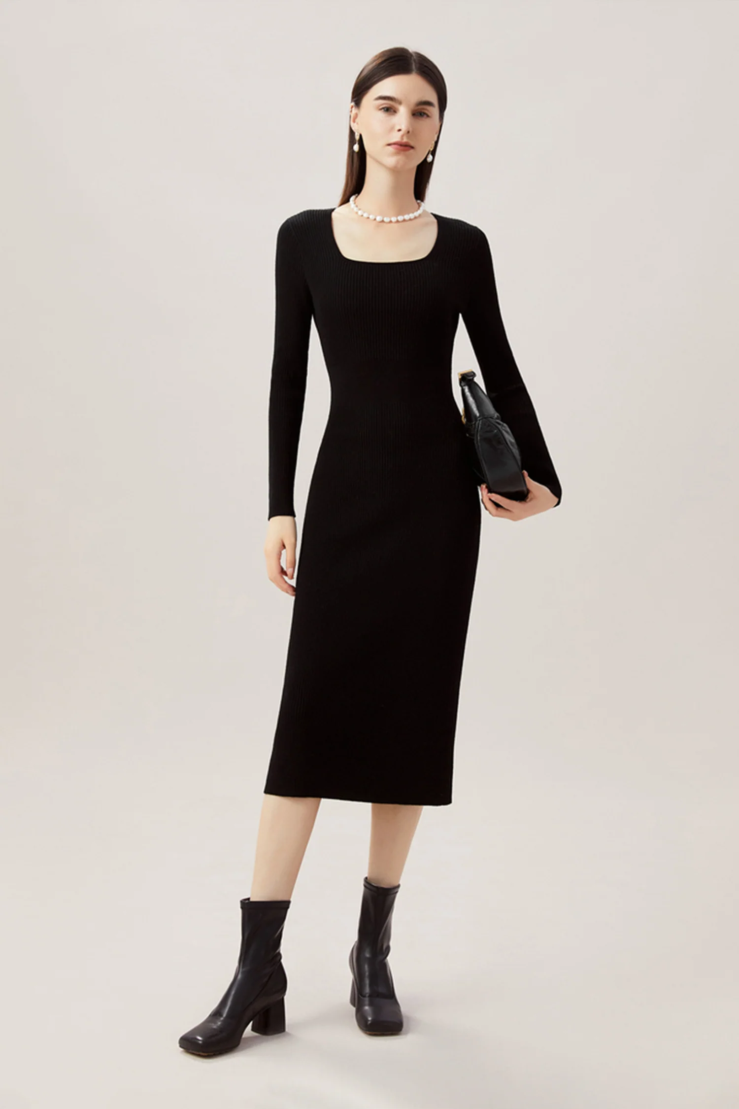 100% Merino Wool Long Sleeve Square-Neck Midi Sweater Dress - MIAOOOO