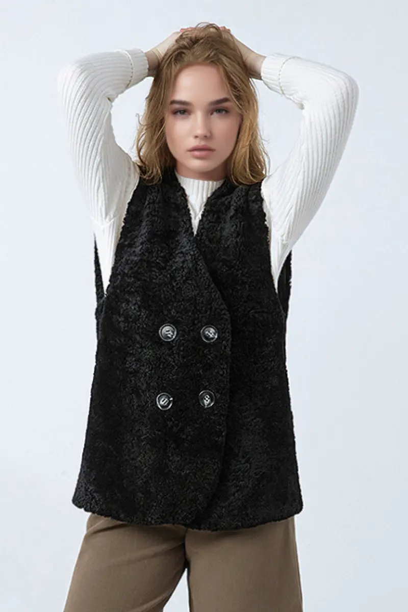 Australian Merino Sheepskin Shearling Double-Breasted Vest - MIAOOOO