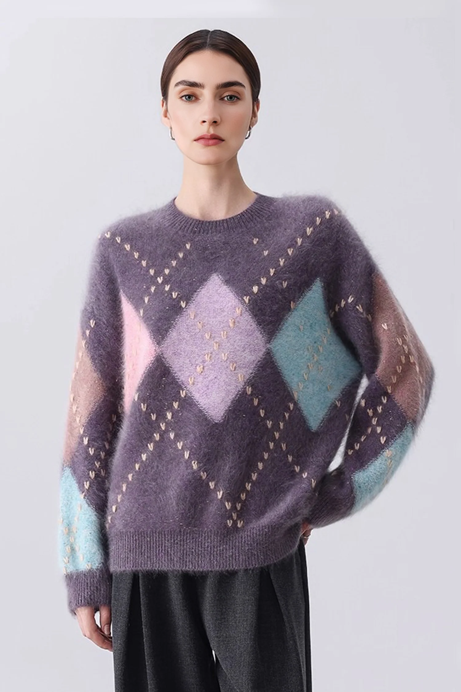 Ultrasoft Brushed Cashmere Hand-Embroidered Argyle Sweater - MIAOOOO