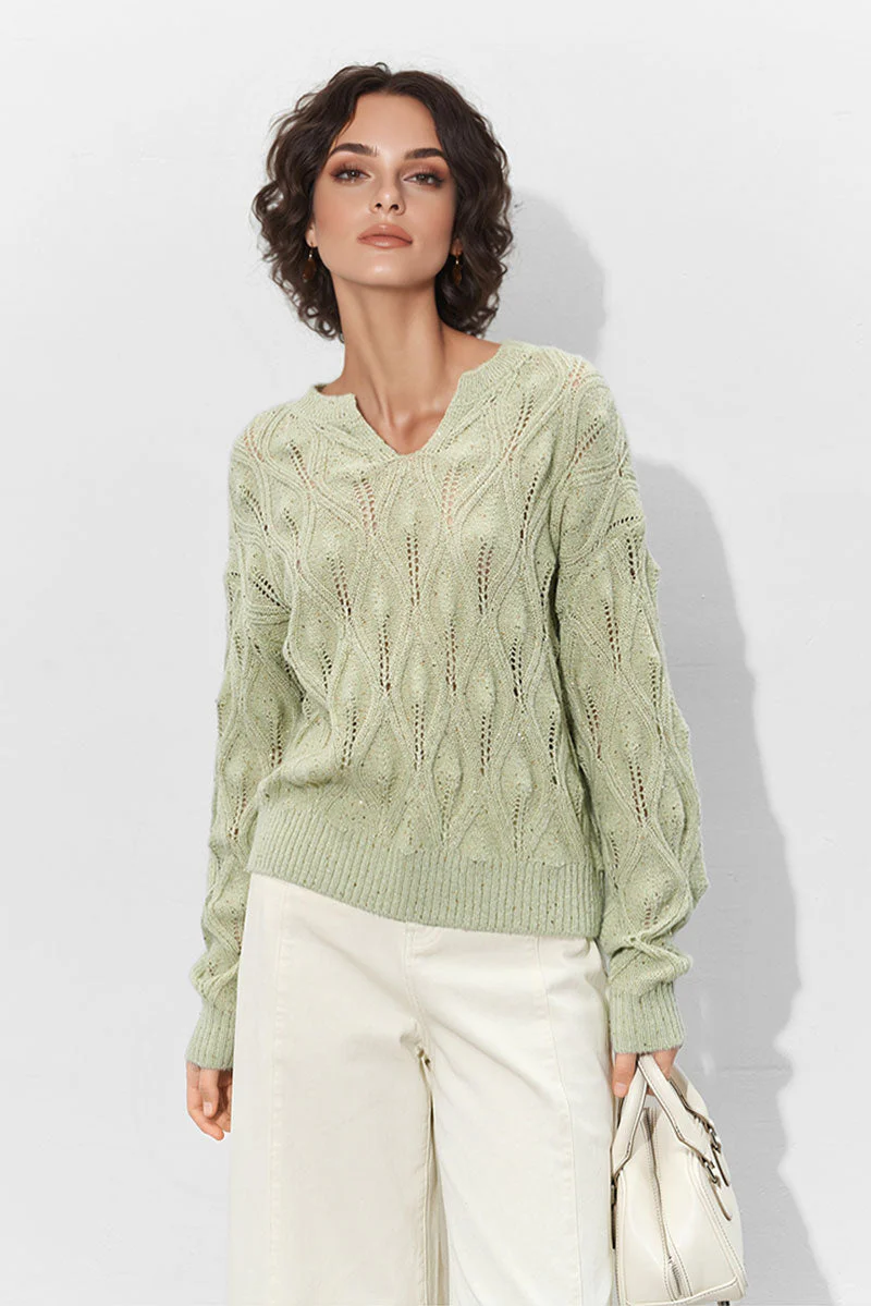 Sequined Open Cable Knit V-Neck Sweater - MIAOOOO
