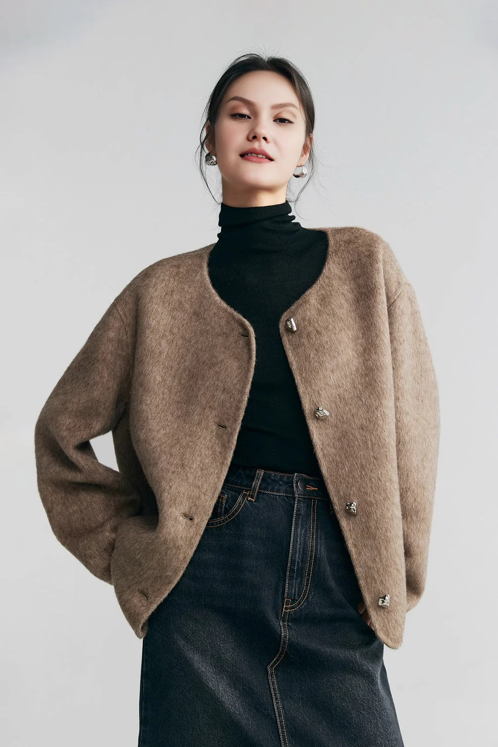Silk Wool Blend Crewneck Cropped Jacket - MIAOOOO