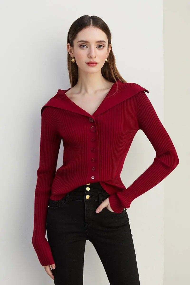 100 Washable Wool Ribbed Cardigan with Oversized Collar - MIAOOOO