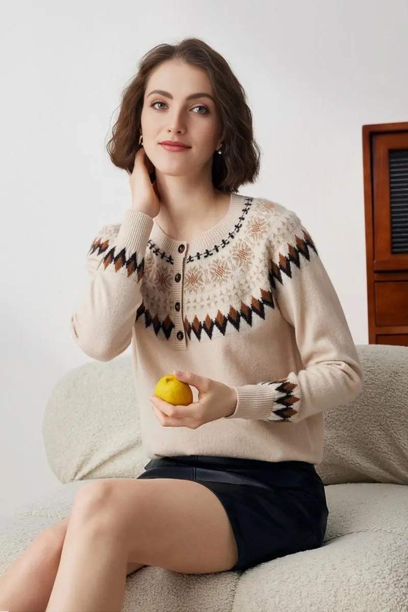 100 Cashmere Quarter Button Fair Isle Sweater - MIAOOOO