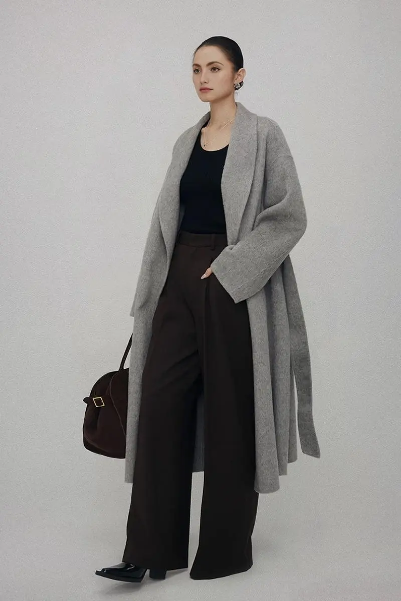 Oversized 100 Wool Open-Front Coat with Belt - MIAOOOO