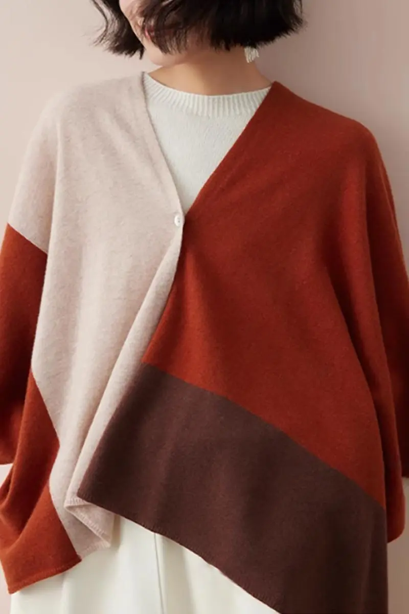 Cashmere Wool Knit Colorblock Poncho Sweater - MIAOOOO