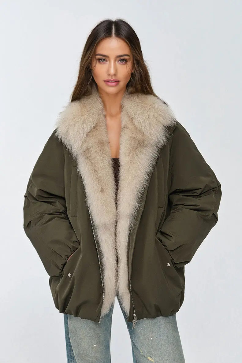 Oversized Water Repellent Puffer Bomber Coat with Fox Fur Collar - MIAOOOO