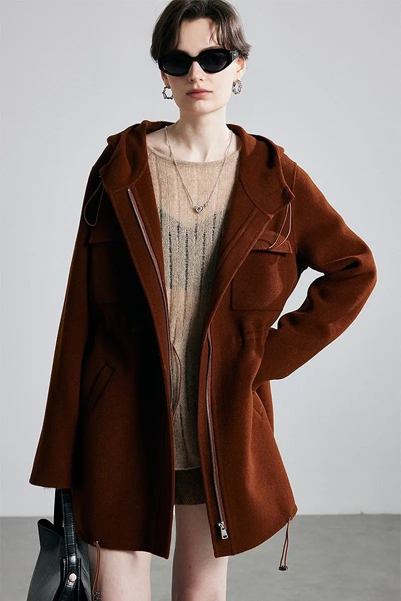 100 Wool Zip Front Double Faced Coat with Hood - MIAOOOO