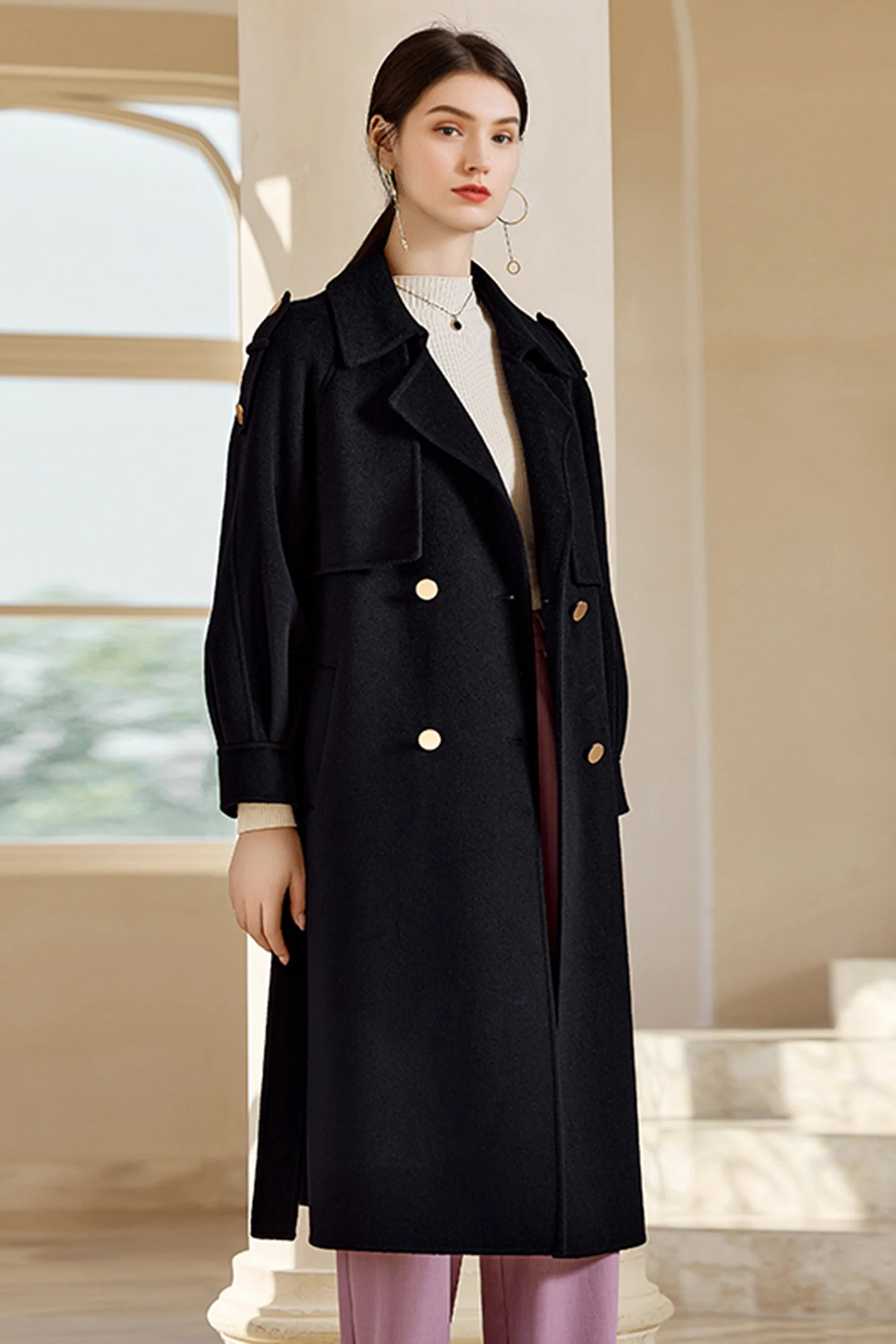 Handcrafted Cashmere Double-Breasted Belted Trench Coat - MIAOOOO