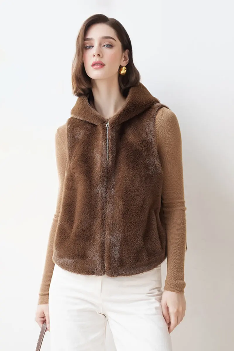 Faux Fur Zip-Up Hooded Vest - MIAOOOO