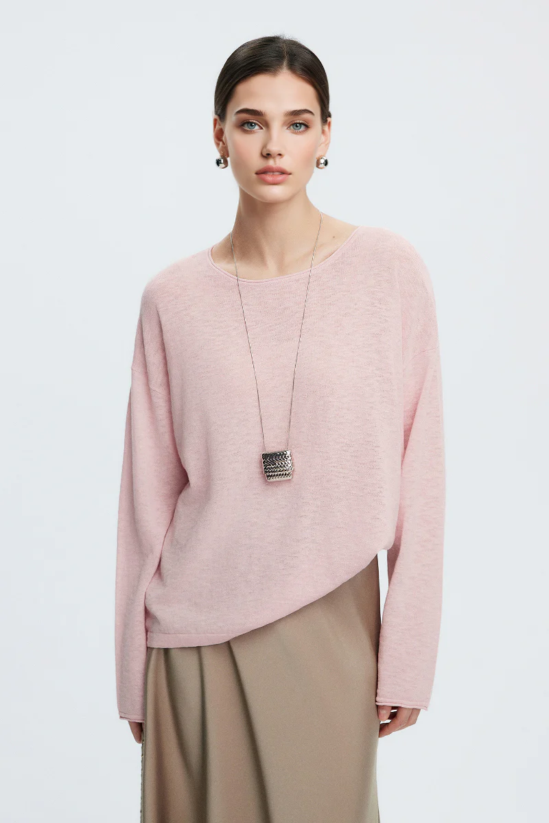 Loose Sheer Cotton-Linen Long-Sleeve Crew-Neck Knit T-Shirt - MIAOOOO