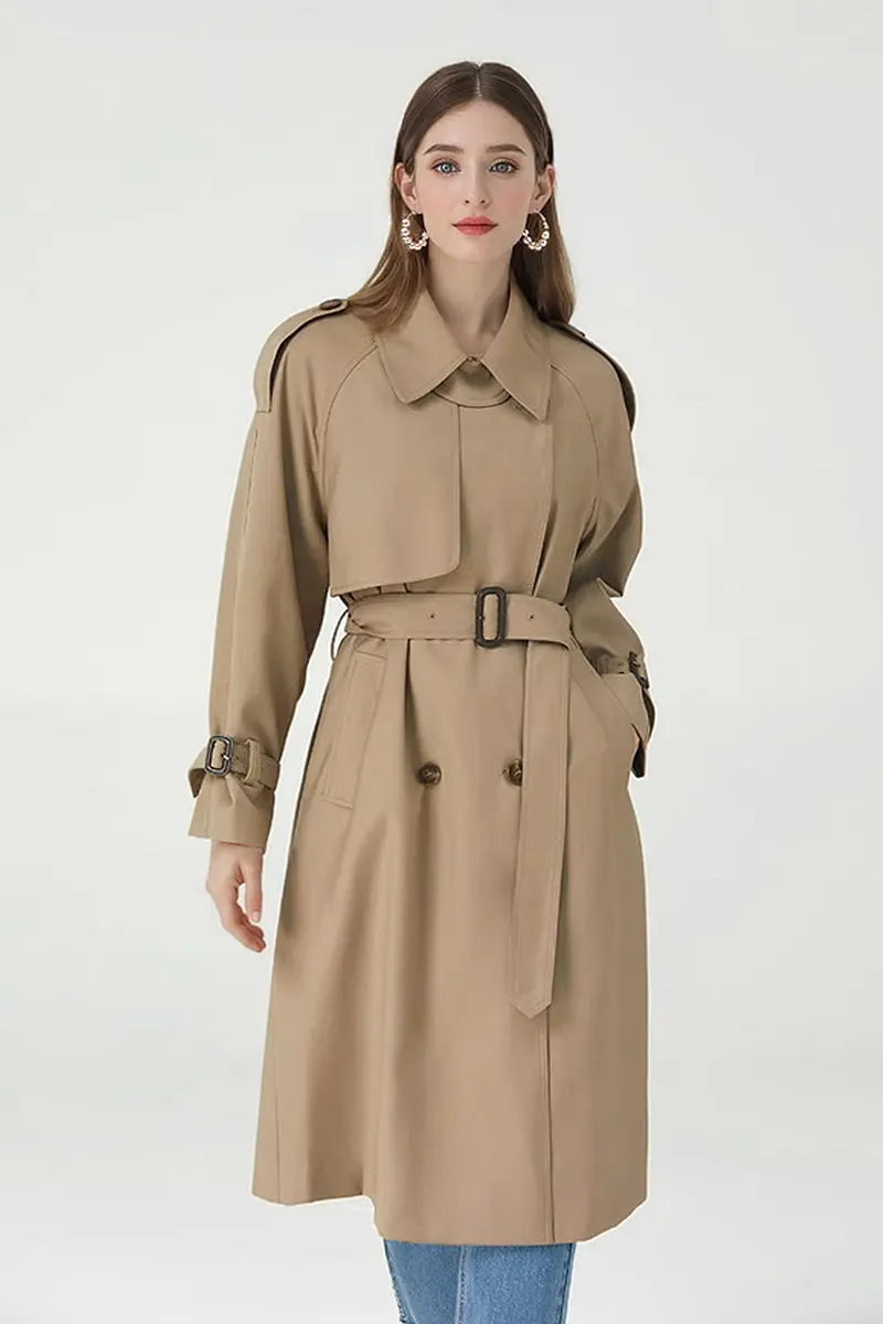 Classic Double Breasted Long Trench Coat with Belt - MIAOOOO