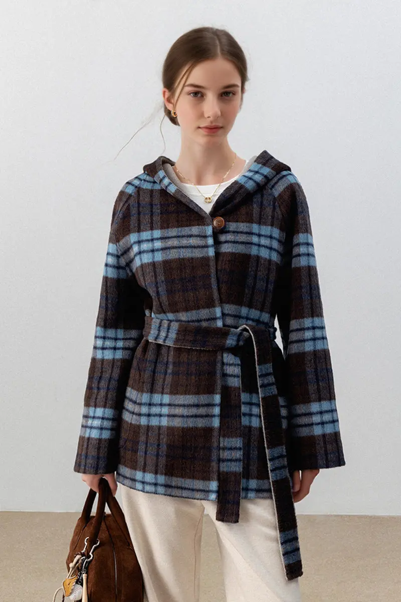 Reversible Vintage Short Plaid Wool Coat with Hood and Belt - MIAOOOO