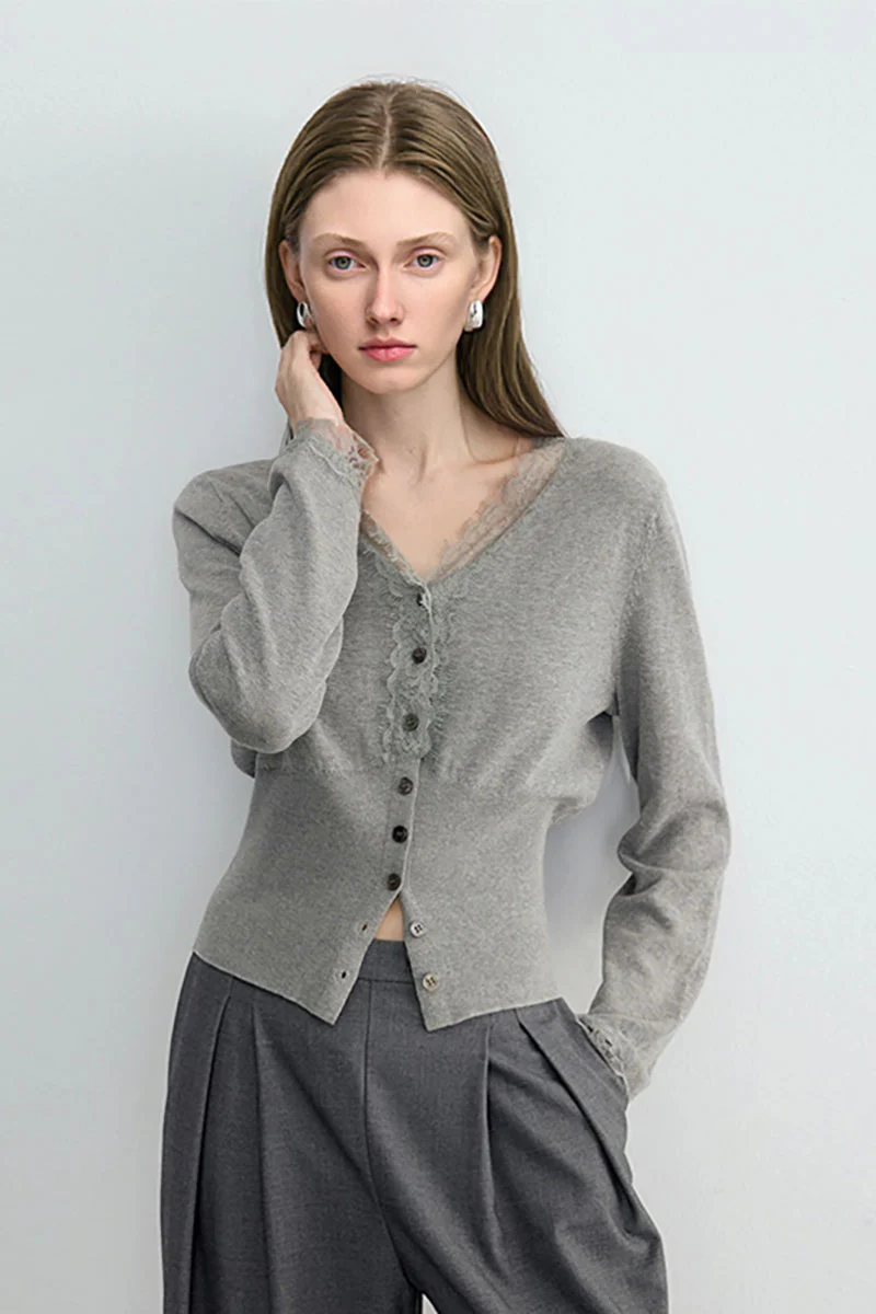 100 Organic Cotton V-Neck Lace-Trim Cardigan - MIAOOOO