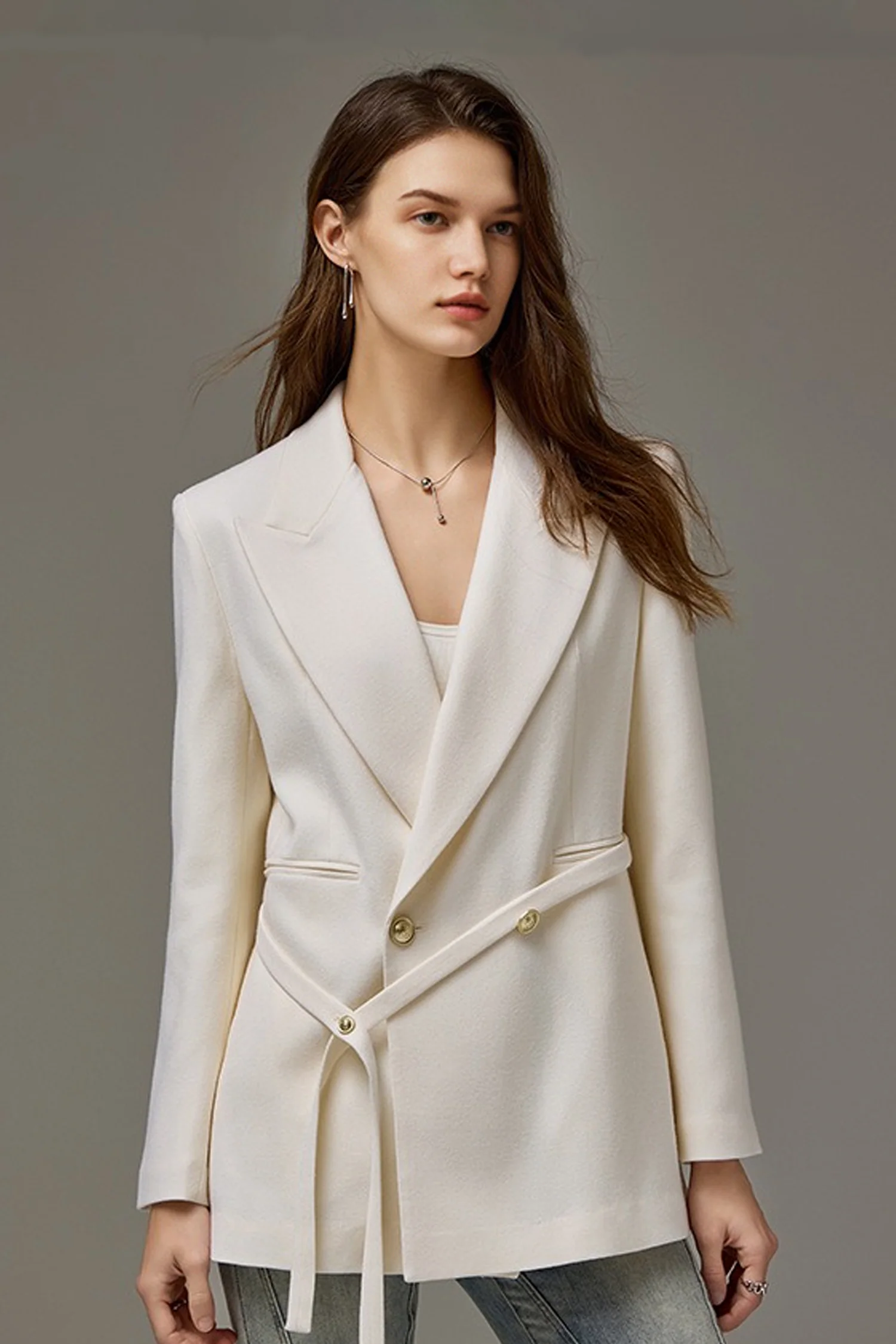 100% Wool Tailored Double-Breasted Blazer with Belt - MIAOOOO